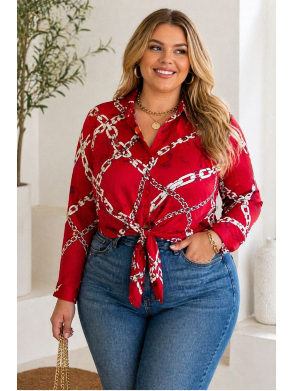 Susan Graver Red Chain Print Blouse Tie Front Button Up Top Size 20W Statement